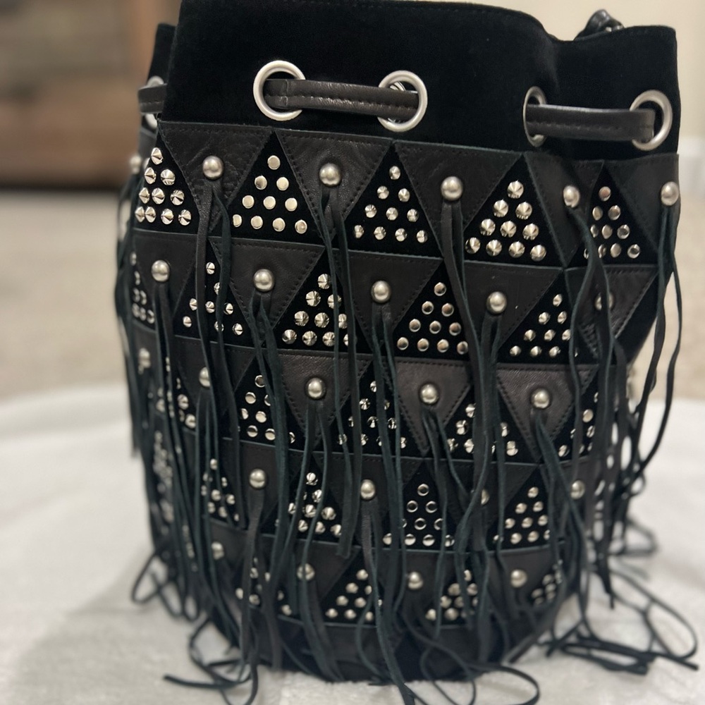 Jerome Dreyfuss Leather/Suede Fringed Drawstring Bucket Bag